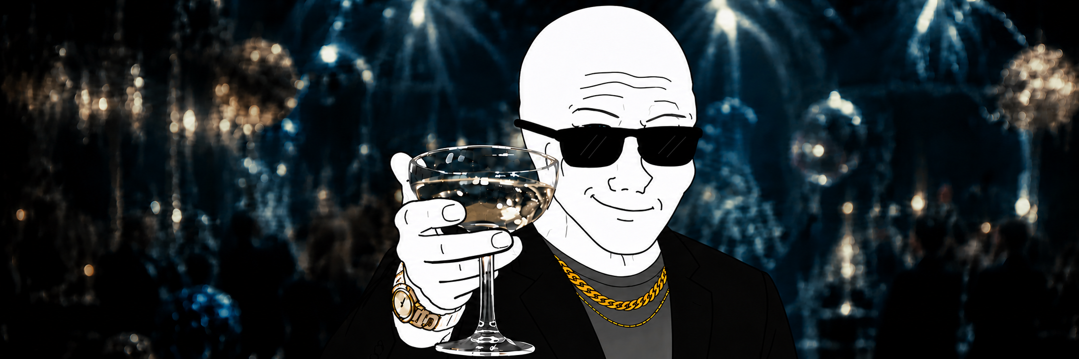 The Chiller raising a champagne glass at a glittering party, calm and unbothered